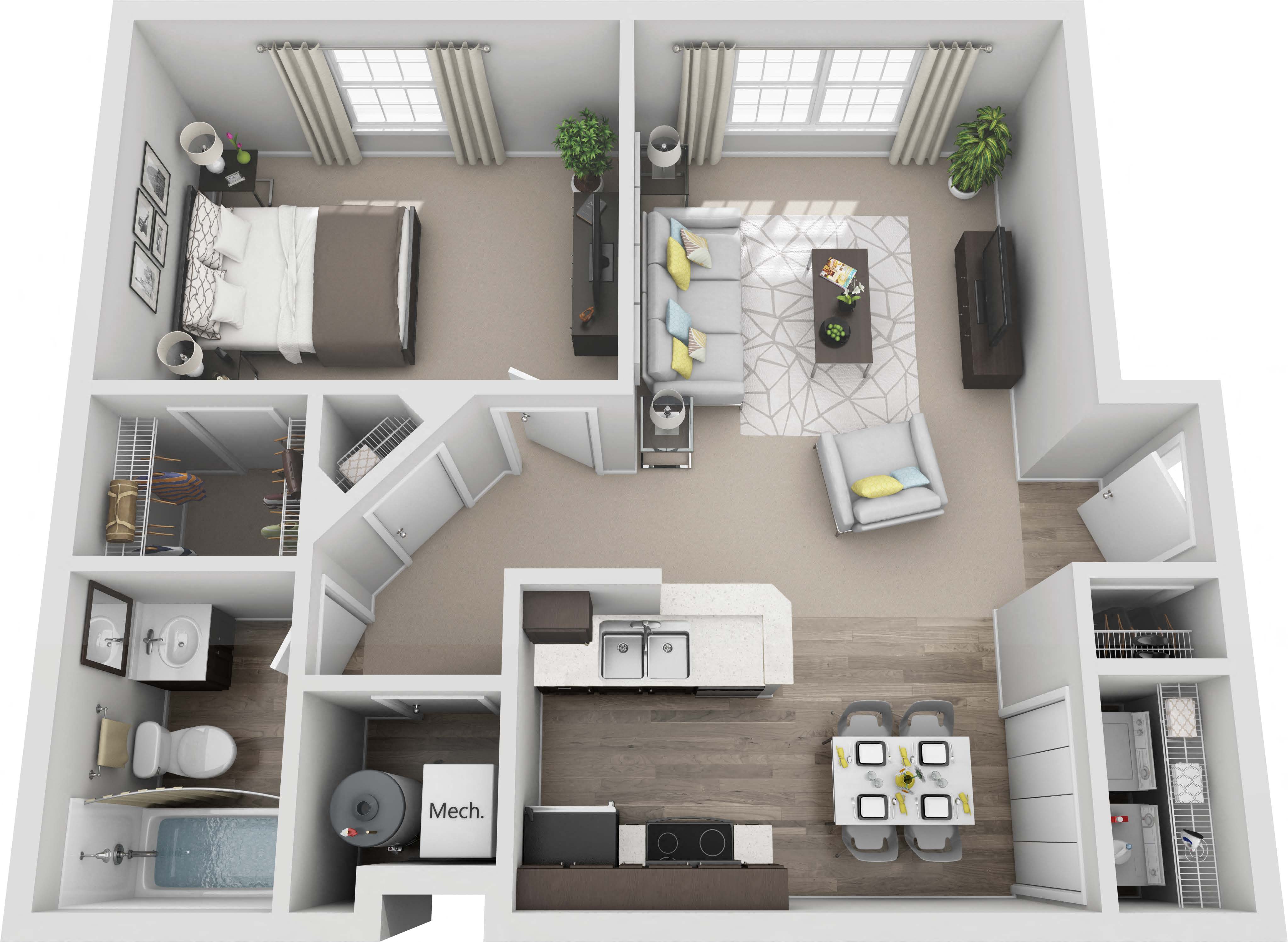 Floor plan for 1 bed, 1 bath, 750 sqft